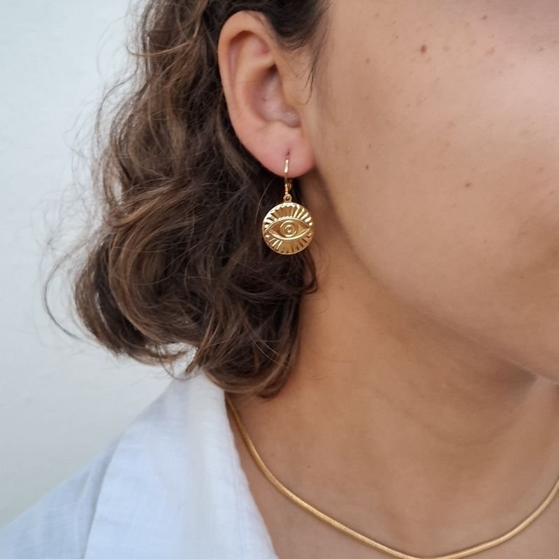 Brinco Argola Click Olho Grego Medalha em Aço Inoxidável