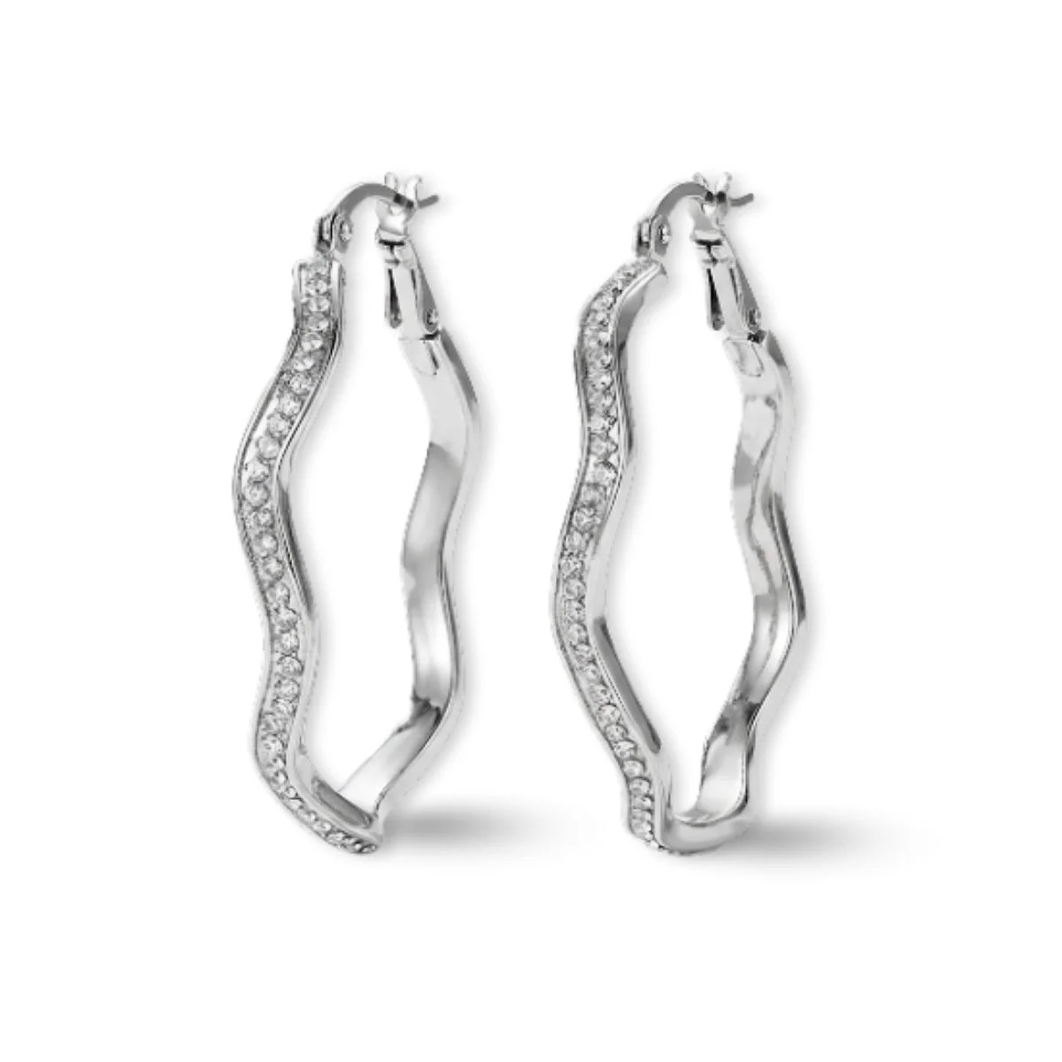 Brinco Argola Cravejada de Strass Ondulada em Aço Inoxidável