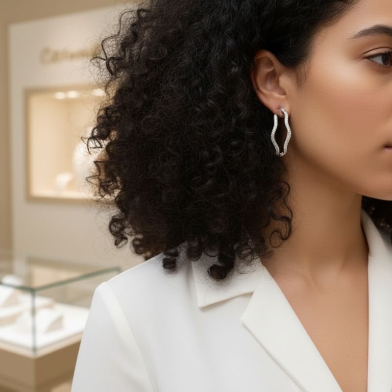 Brinco Argola Cravejada de Strass Ondulada em Aço Inoxidável