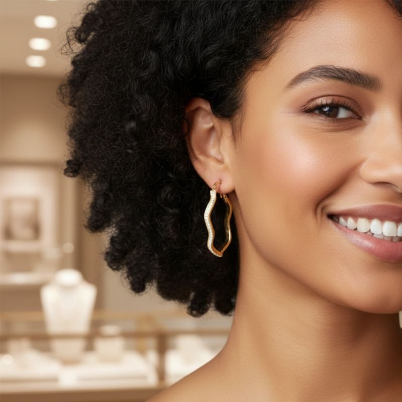 Brinco Argola Cravejada de Strass Ondulada em Aço Inoxidável