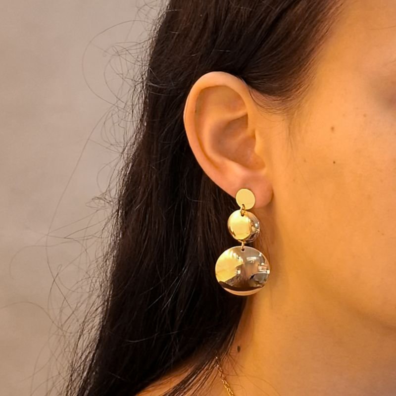 Brinco Medalhas Círculos em Camadas Aço Inoxidável