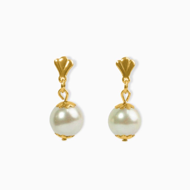 Brinco Pérola De Vidro Solitária 10mm Champagne Em Aço Inoxidável