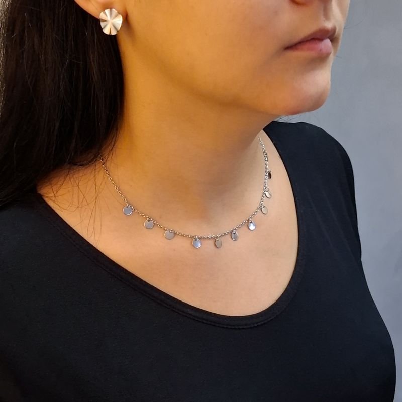 Colar Gargantilha Medalhas Moedas Círculos em Aço Inoxidável