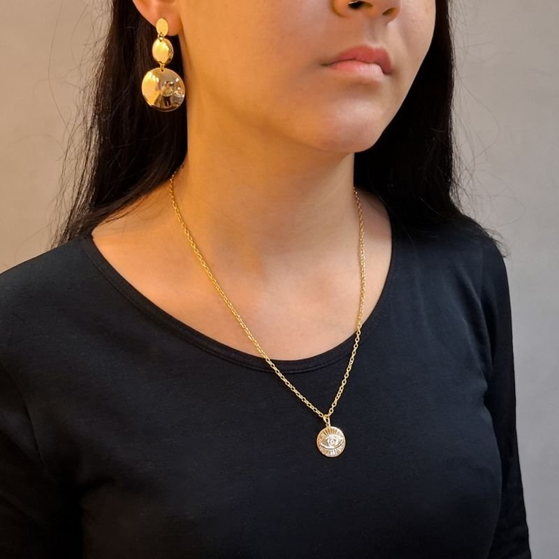 Colar Olho Grego Medalha Diamantada em Aço Inoxidável