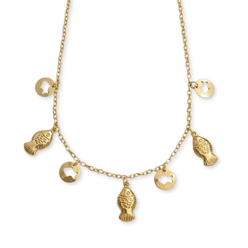 Colar Peixe e Medalhas Peixinhos em Aço Inoxidável