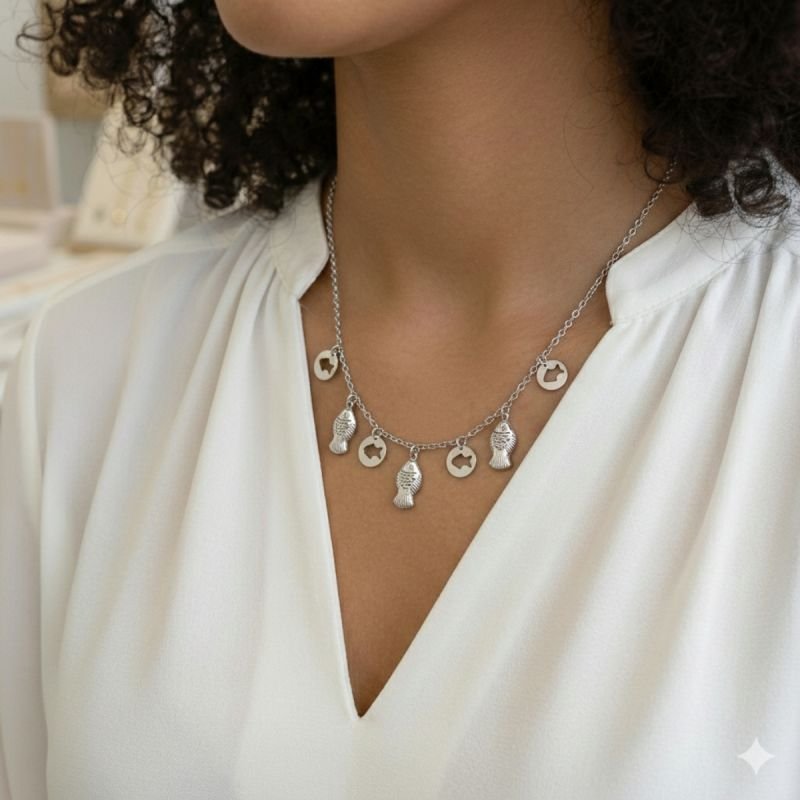 Colar Peixe e Medalhas Peixinhos em Aço Inoxidável