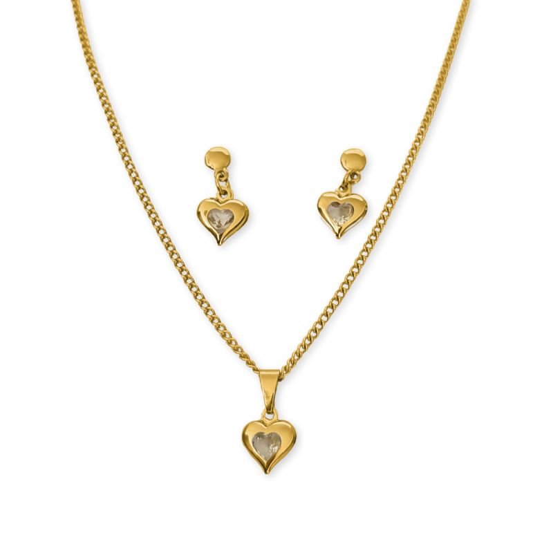 Conjunto Ponto de Luz Coração Amarelo Citrino de Zircônia Aço Inoxidável