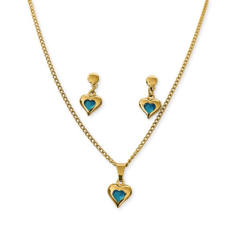 Conjunto Ponto de Luz Coração Azul Claro de Zircônia Aço Inoxidável