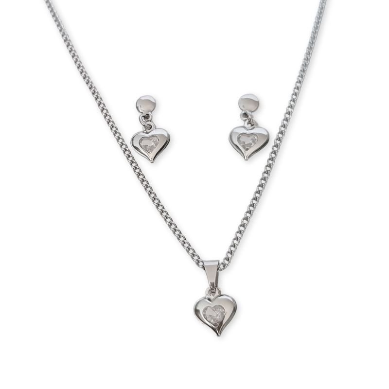 Conjunto Ponto de Luz Coração de Zircônia em Aço Inoxidável