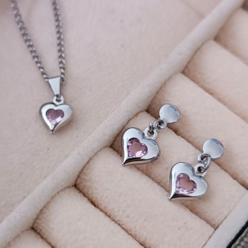 Conjunto Ponto de Luz Coração Rosa Claro de Zircônia Aço Inoxidável