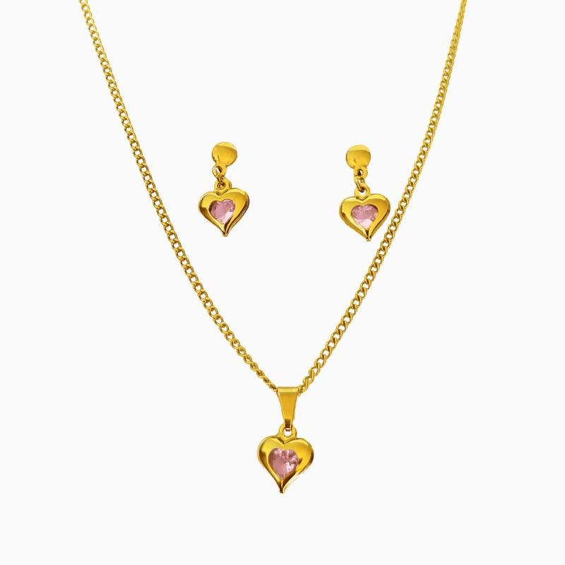 Conjunto Ponto de Luz Coração Rosa Claro de Zircônia Aço Inoxidável