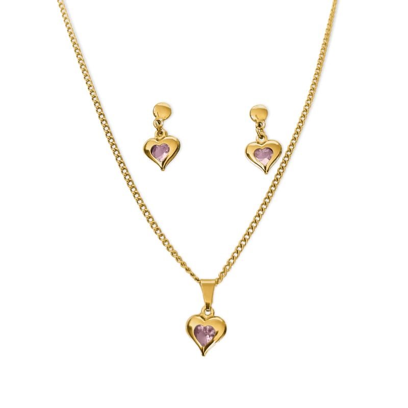 Conjunto Ponto de Luz Coração Rosa Claro de Zircônia Aço Inoxidável