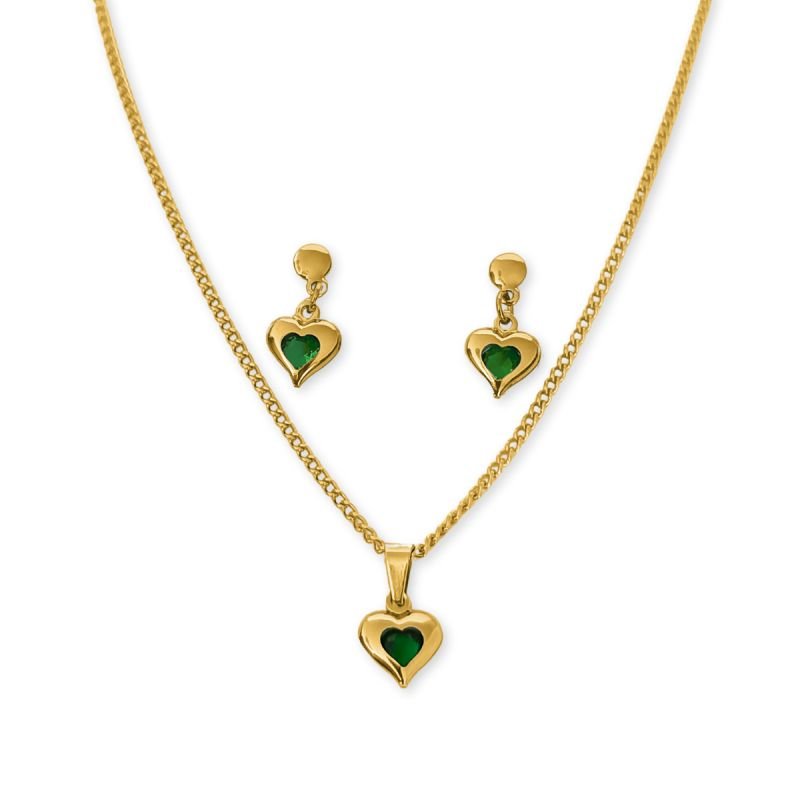 Conjunto Ponto de Luz Coração Verde Esmeralda de Zircônia Aço Inoxidável