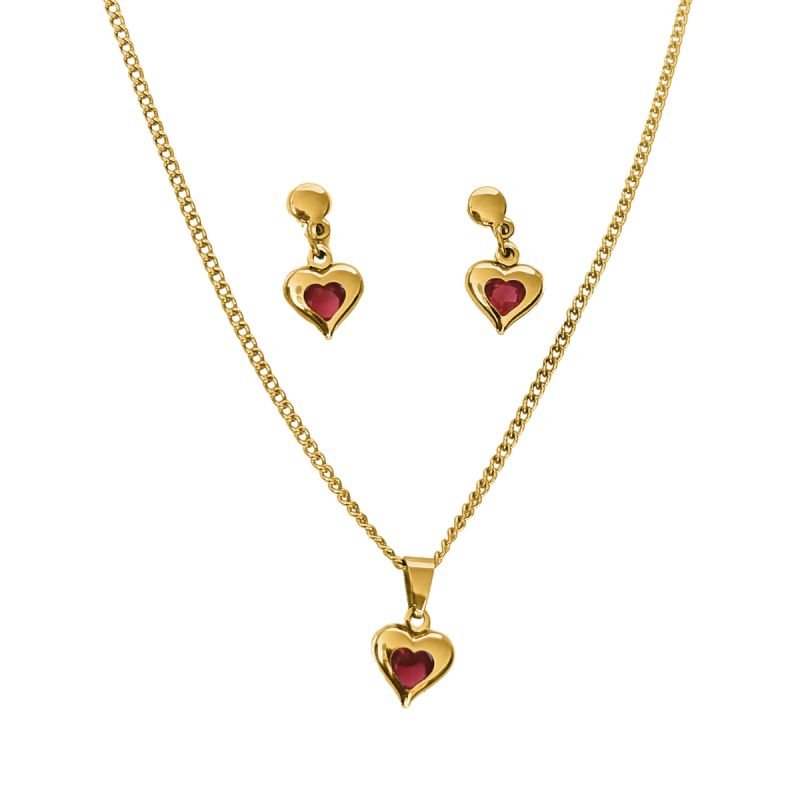 Conjunto Ponto de Luz Coração Vermelho Rubi de Zircônia Aço Inoxidável