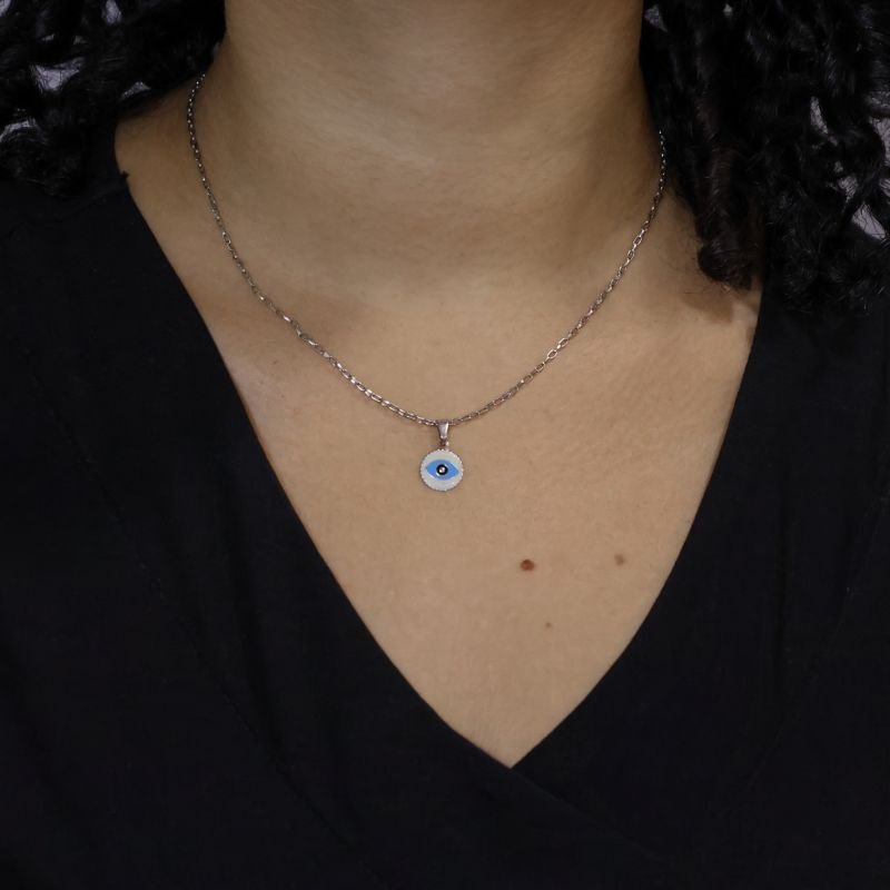 Pingente Olho Grego 11mm Resinado em Aço Inox Prata