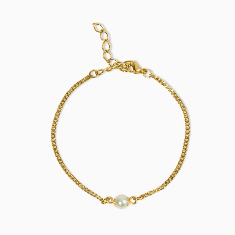 Pulseira Pérola De Vidro Solitária 6mm Champagne Em Aço Inox