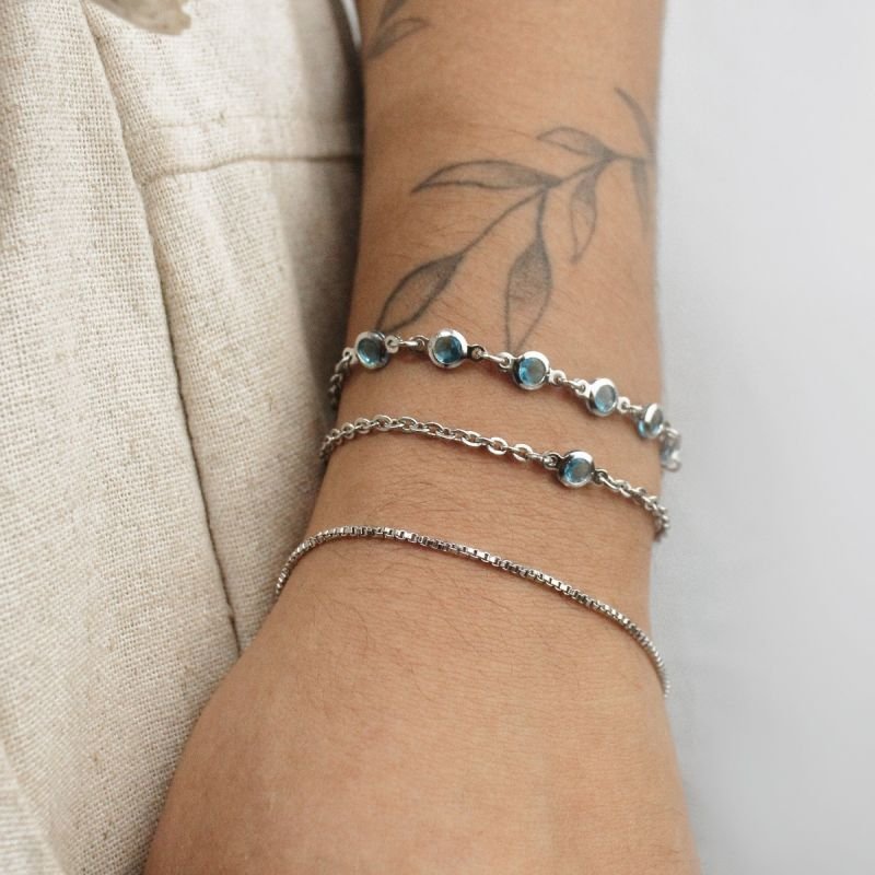 Pulseira Ponto de Luz Zircônia Solitária 4mm Azul Água Marinha em Aço Inoxidável