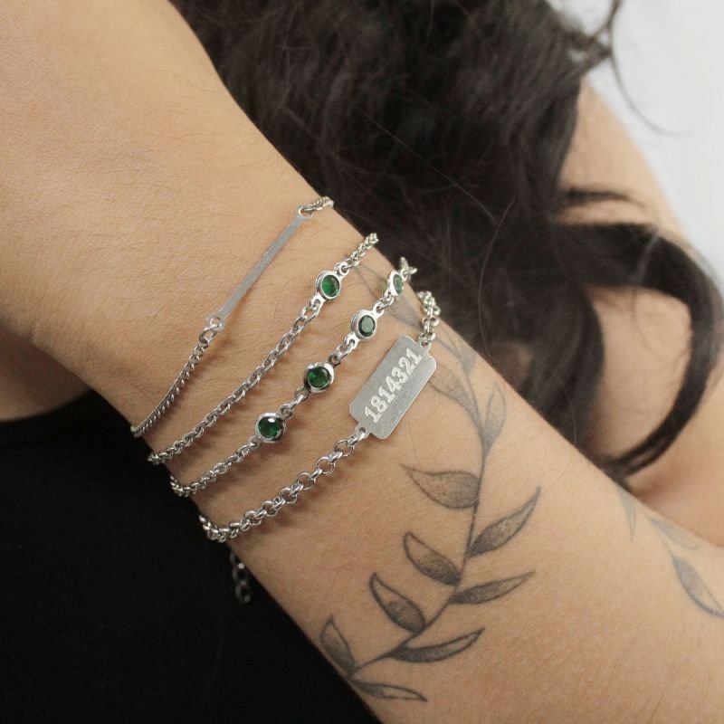 Pulseira Ponto de Luz Zircônia Solitária 4mm Verde Esmeralda em Aço Inoxidável
