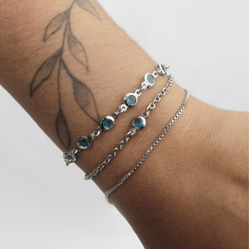 Pulseira Ponto de Luz Zircônias 4mm Azul Água Marinha em Aço Inoxidável